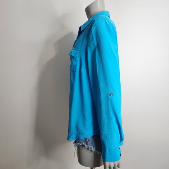 Ann Taylor Blue Silk Long Sleeve Button Down Roll Tab Blouse Size M - Picture 8 of 13